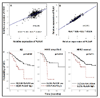 Figure 1: Scatter plot depicting the correlation of the relative RNA expression levels of HER2 (A) and PLAU (B) versus 