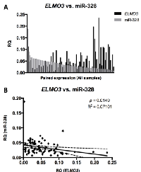 Figure 6:  Expression of miR-328 and ELMO3  in individual samples. 
